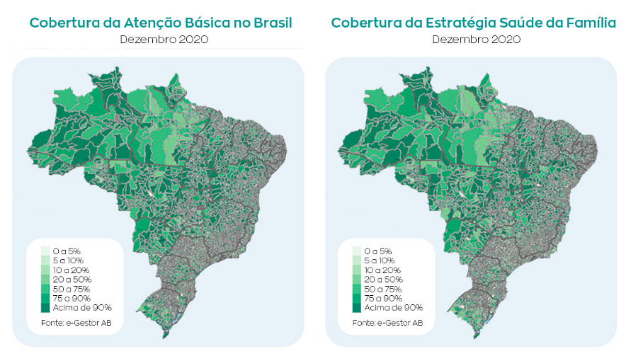 Duas imagens gráficas do Brasil, que retratam a cobertura da Atenção Básica e da Saúde da Família no Brasil